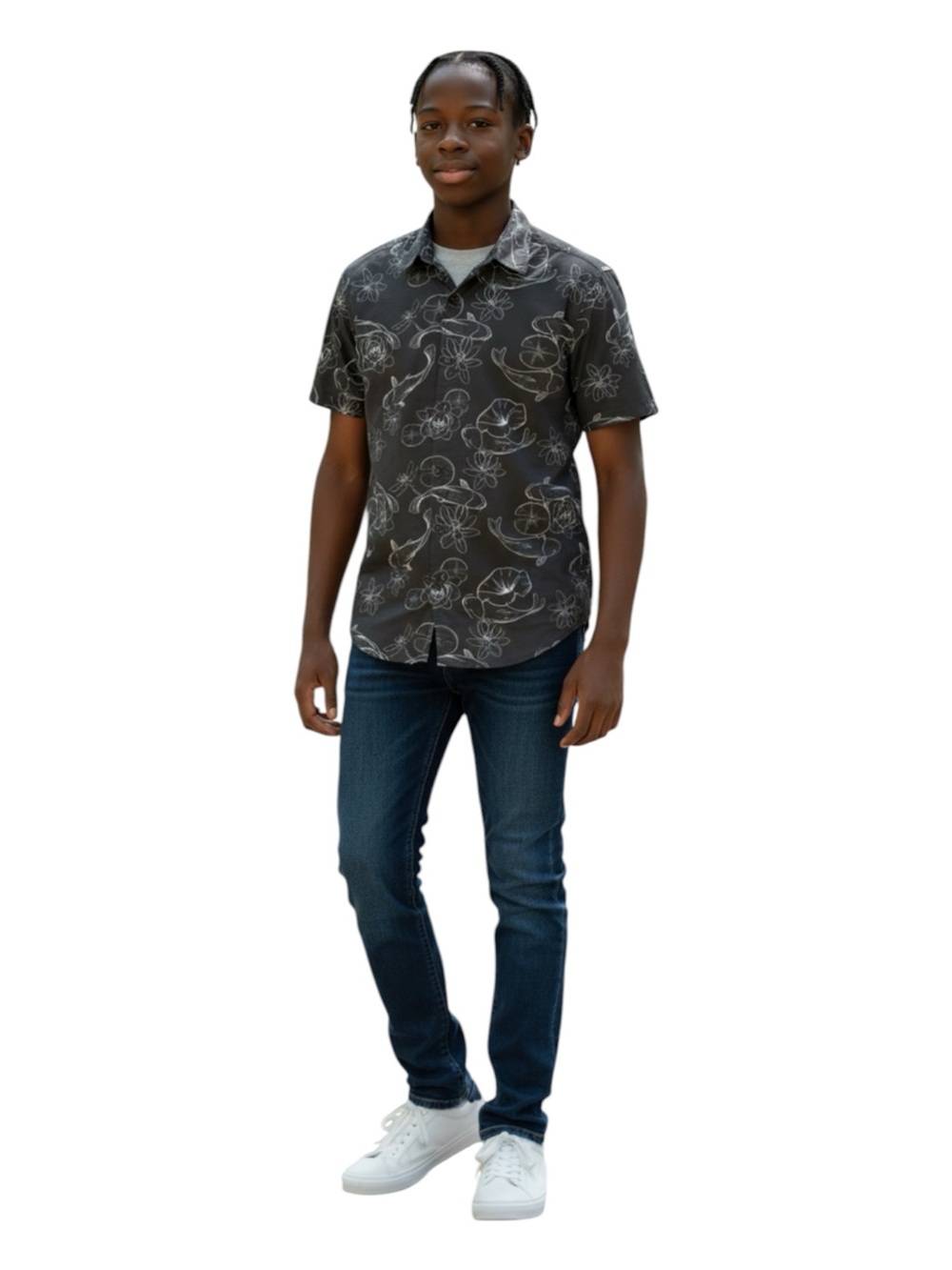 Just Attitude Black Koi Fish Floral Graphic Button Down Shirt Boys/ Youth